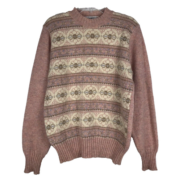 Allyson Wood Sweater Wool Knit Pink Cream Floral Stripe Crew Neck Vintage Medium - Picture 1 of 5